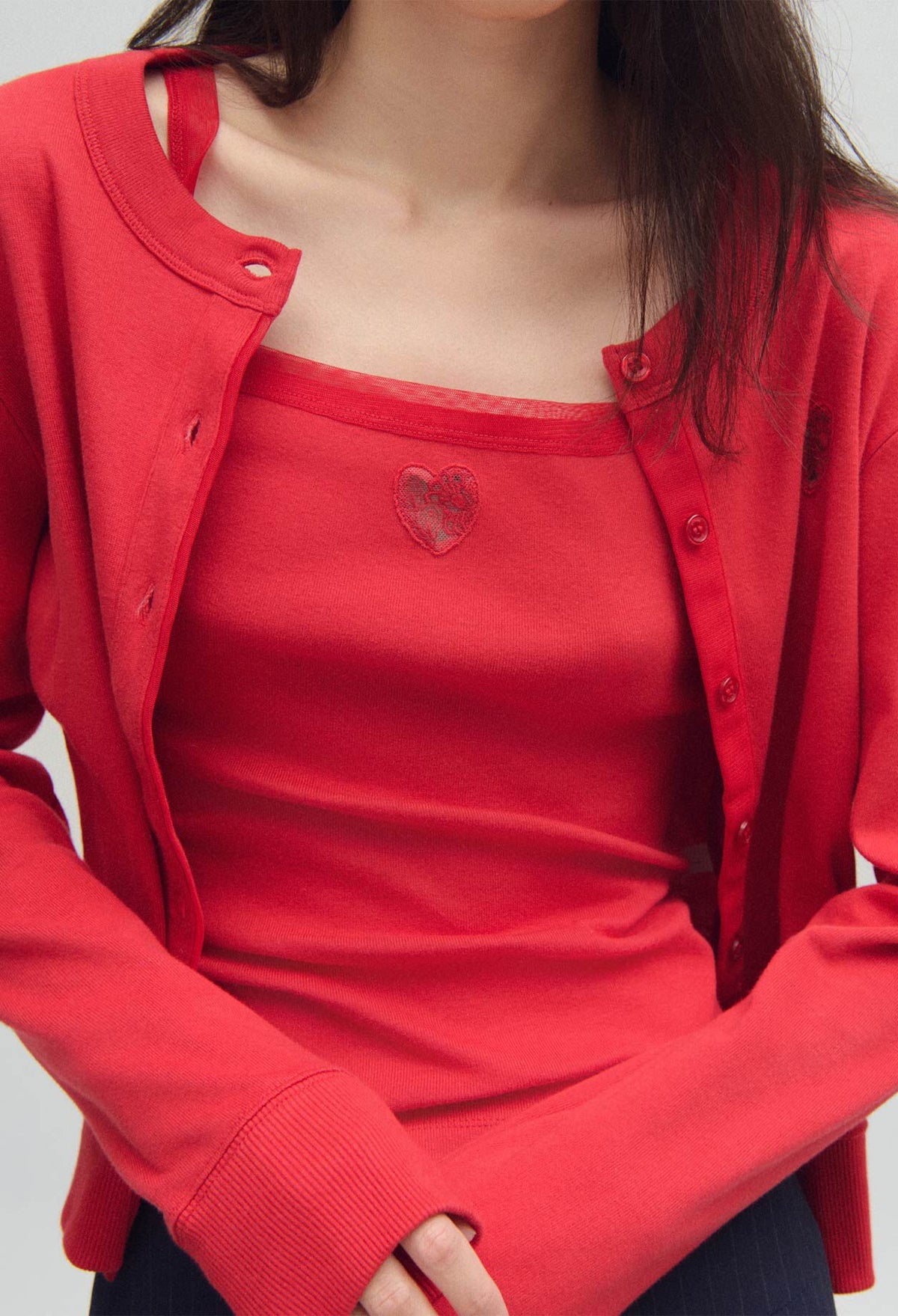 Red Cotton Cardigan with Lace Heart