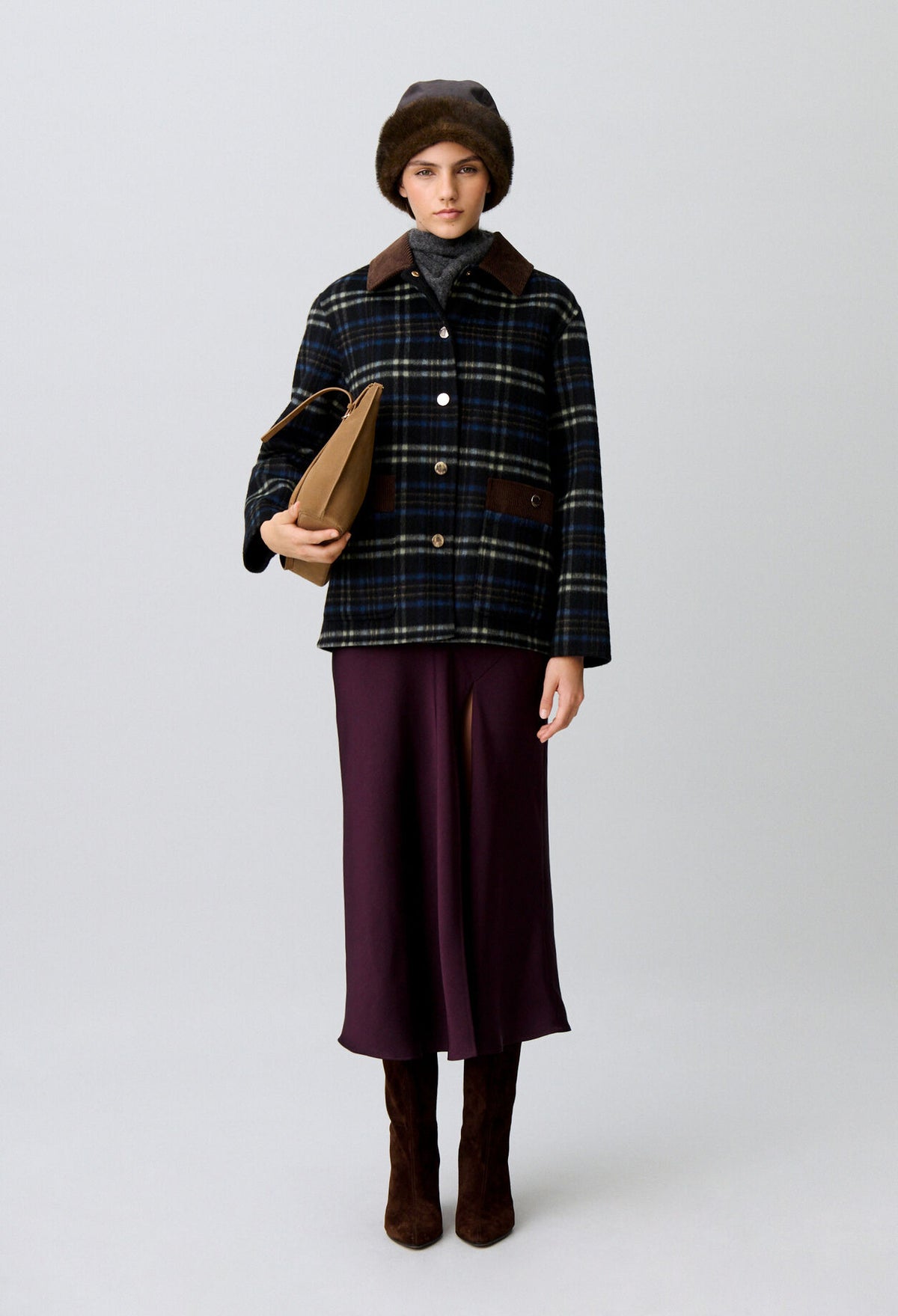 Checked wool blend coat