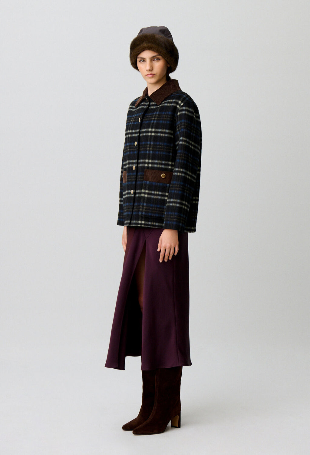 Checked wool blend coat