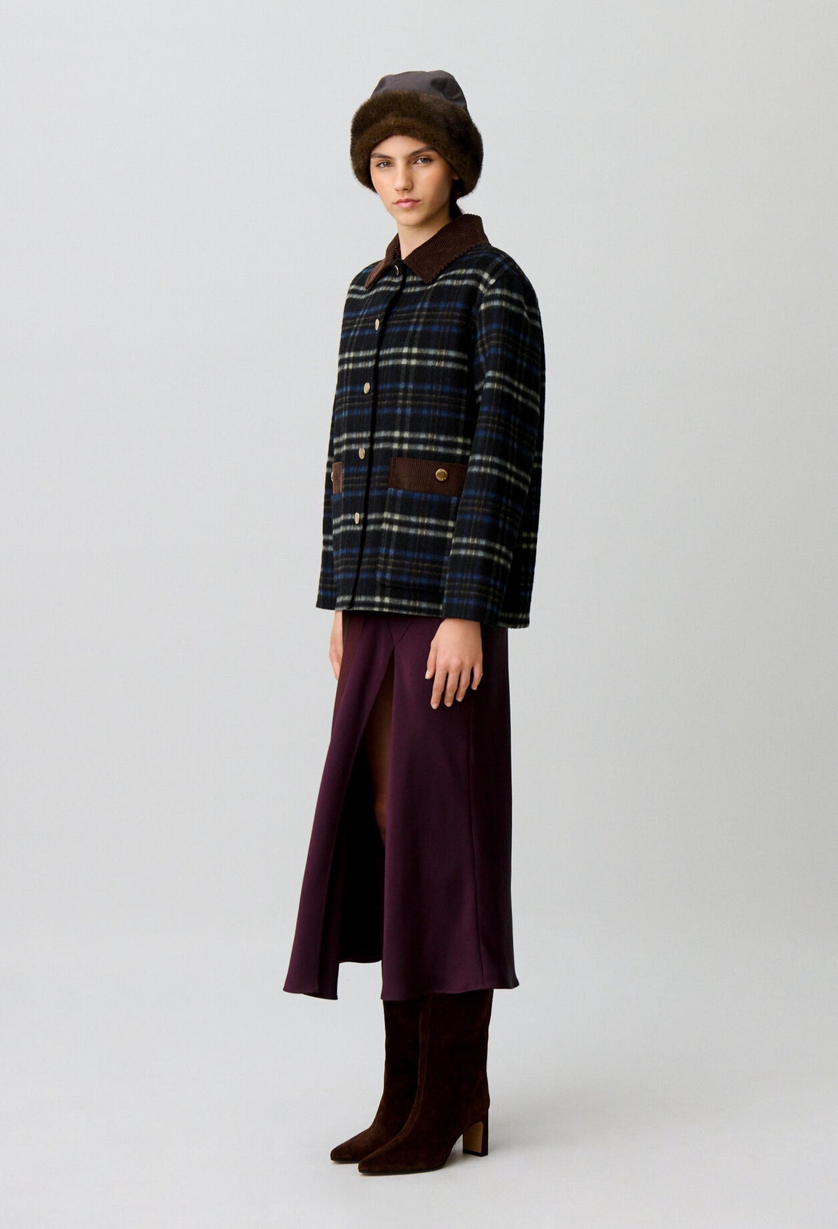 Checked wool blend coat
