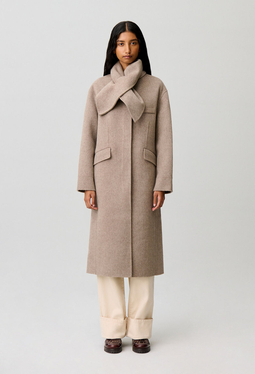 Long wool scarf collar coat