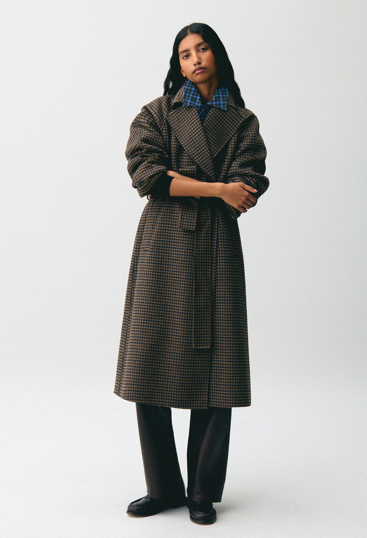 Mid-length checked belted coat