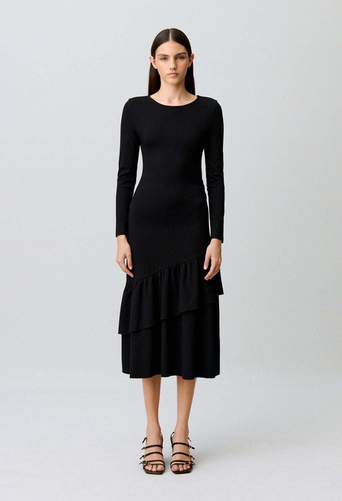 Asymmetric ruffled jersey dress