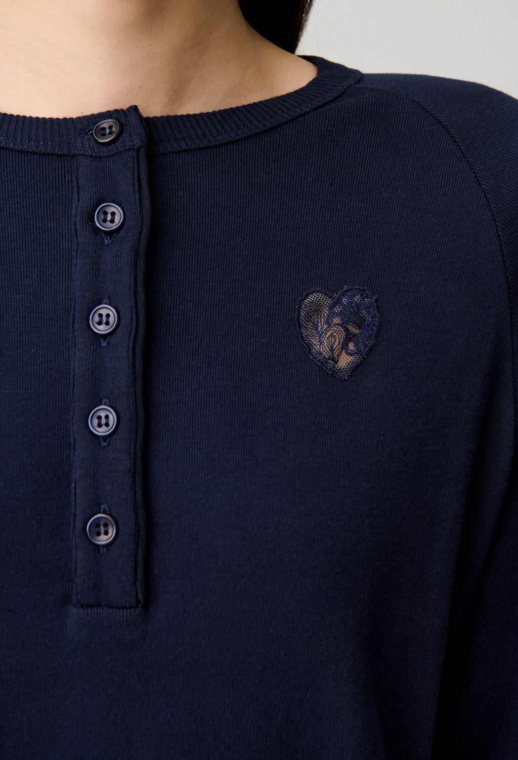 Navy Cotton Henley Top with Lace Heart