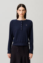 Navy Cotton Henley Top with Lace Heart